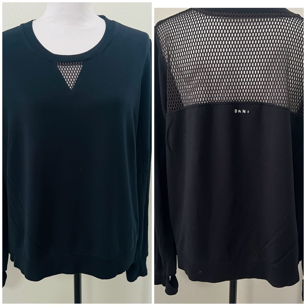 DKNY Women’s XL Black Knit Top with Mesh Accent Thumbholes EUC Yoga Running